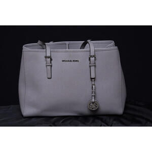 Michael Kors Jet Set Travel Gray Saffiano Leather Tote Bag Carryall Purse